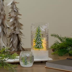 8 in. Clear Hand Painted Christmas Pine Trees Flameless Glass Candle Holder