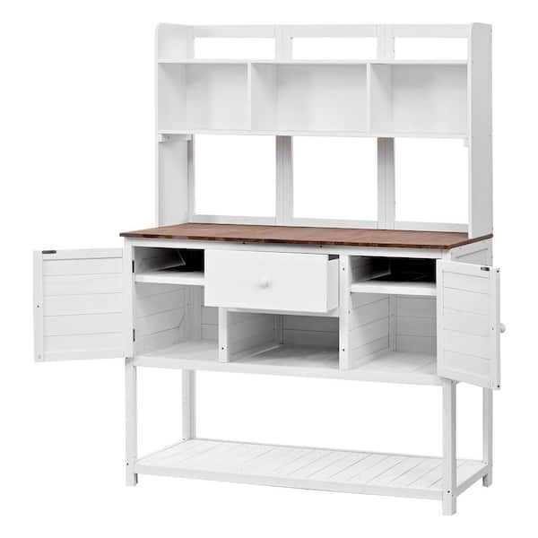 Zeus & Ruta 50.2 in. W x 66.1 in. H White Solid Fir Wood Potting Bench with Hutch, Drawer and Adjustable Shelves for Backyard