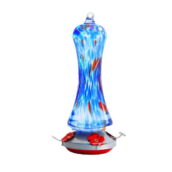 Phewnyzo Unique Design Blue Glass Hanging Humming Bird Nectar Feeder-20 oz. (1-Pack)