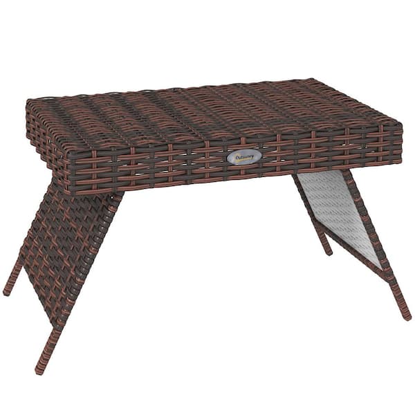 COOLSHARK Foldable Outdoor Rattan Coffee Table All Weather Wicker Side Table with Glass Top, End Table for Garden, Lawn