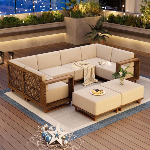 Brown Rattan Wicker 8 Seat 8-Piece Steel Outdoor Patio Conversation Set with Beige Cushions and 2 Ottomans