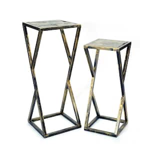 31.2 in. Black and Gray Rectangular Stone Plant Stand with 1-Tier (Set of 2)