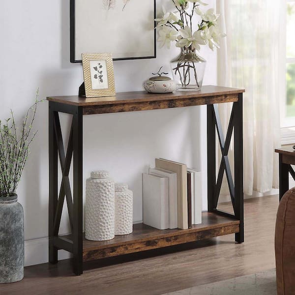 Convenience Concepts Oxford 39.5 in. Barnwood/Black Standard Rectangle MDF Console Table with Shelf