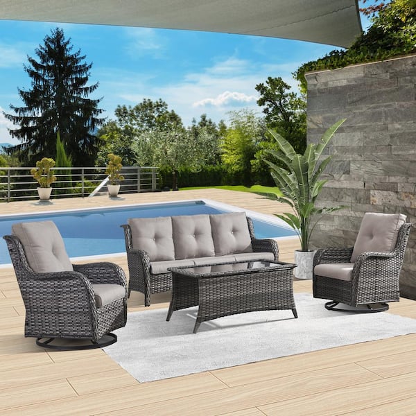 Gymojoy Carolina Gray 4-Piece Wicker Patio Conversation Set with Gray Cushions