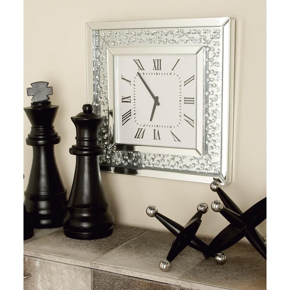 Silver Mirrored Square Wall Clock with Floating Crystals