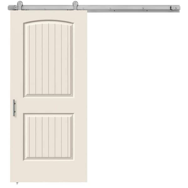 JELD-WEN 36 in. x 84 in. Santa Fe Primed Smooth Molded Composite MDF Barn Door with Modern Hardware Kit