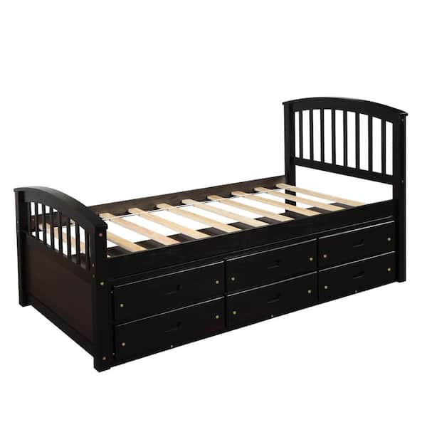 URTR 39.3 in. W Espresso Twin Size Wooden Bed Frame for Teens and Adults, Platform Bed Frame with 6-Drawers and Wooden Slats