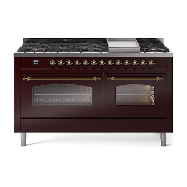 ILVE Nostalgie II 60 in. 9 Burner+Griddle Freestanding Double Oven Dual Fuel Range in Burgundy with Brass