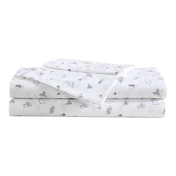 Eddie Bauer Camp 4-Piece Dark Green/White Cotton Queen Sheet Set