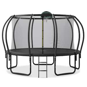 14 ft. Outdoor Kids Trampoline with Safety Fence, Plus Basketball Board and 10 Stakes for Backyard Garden Black