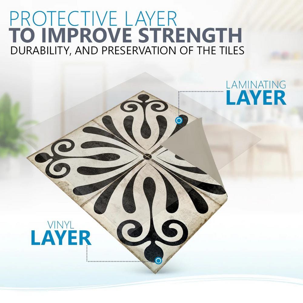 Black and Ivory Vintage Flower Design Vinyl Peel and Stick Tiles, 8x8-inch