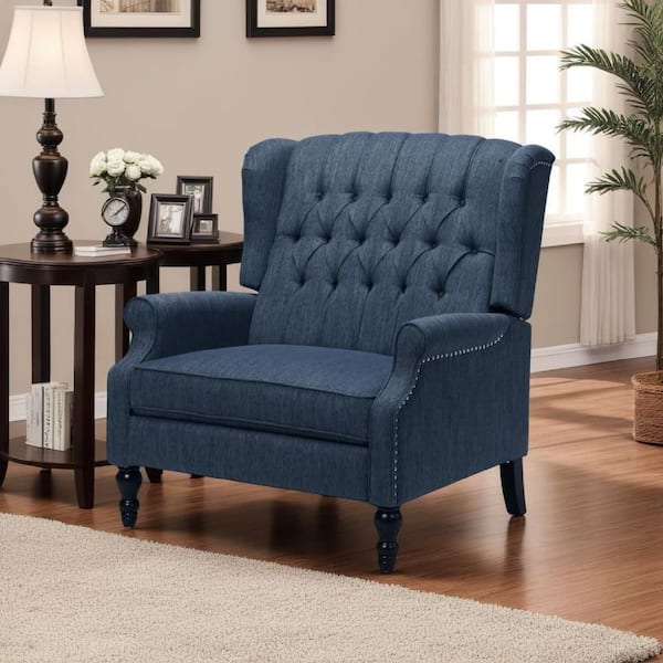 Benjara Jade Navy Blue and Brown Fabric Glider Recliner Chair with Tufted Cushioned