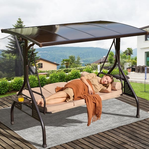 Zeus & Ruta 3-Seat Beige Patio Porch Swing with Adjustable Hardtop,3 in 1 Convertible Outdoor Porch Swing for Porch,Backyard,Garden