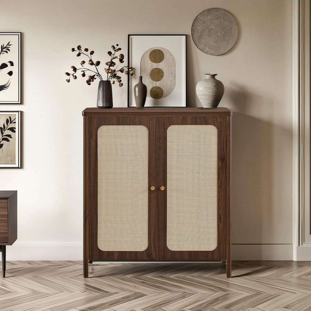 Spruce & Spring Reeve Boho Walnut Wood Rattan Sideboard with