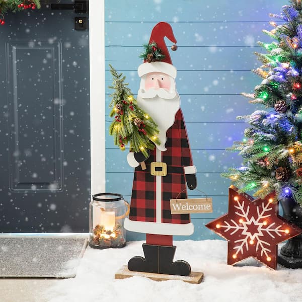 Glitzhome 36 in. H Lighted Wooden Santa Porch Decor Christmas Yard ...