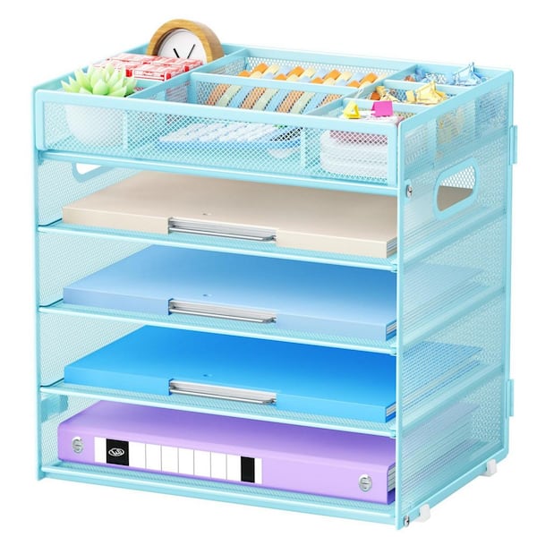 12.5 in x 10.2 in Blue Metal 5-Tier Letter Tray Paper Organizer with Handle,Adjustable Compartments Mesh Desktop Storage