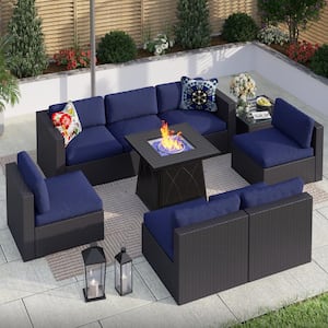 Black Rattan Wicker 7 Seat 9-Piece Steel Outdoor Sectional Set with Blue Cushions,Square Fire Pit and Coffee Table