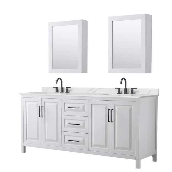 Wyndham Collection Daria 80 in. W x 22 in. D x 35.75 in. H Double Bath Vanity in White with Giotto Quartz Top and Mirrors
