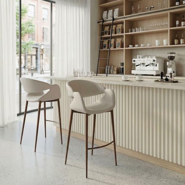 28.4 in. H Beige Finish Low Back Metal Bar Stool with Faux Leather Square Seat Piece of 1