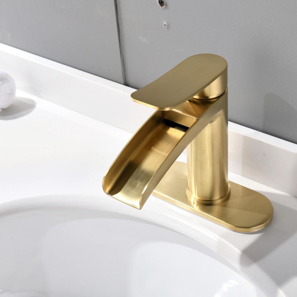 Brushed Gold Single Handle Waterfall Bathroom Faucet with Deck Plate