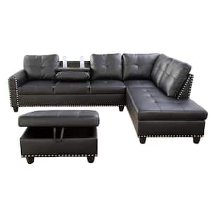 3-Piece-Black-Faux Leather-6 Seats-L-Shaped-Right Facing-Sectionals