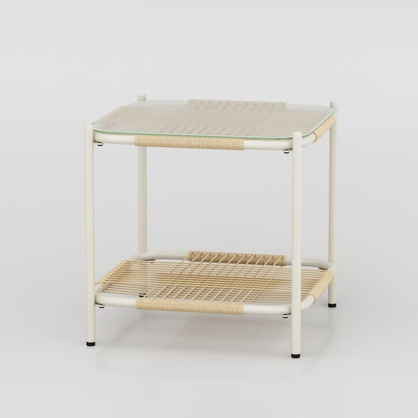 FUFU&GAGA 17.7 in. Length White Frame Brown Rattan Woven Square Tempered Glass Top Coffee Table with 1 Open Shelf