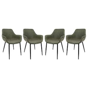 Markley Olive Green Modern Leather Dining Arm Chair with Black Metal Legs (Set of 4)