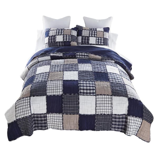 DONNA SHARP Checkerboard Indigo 3-Pieces Blue and Beige Cotton Queen Quilt Set