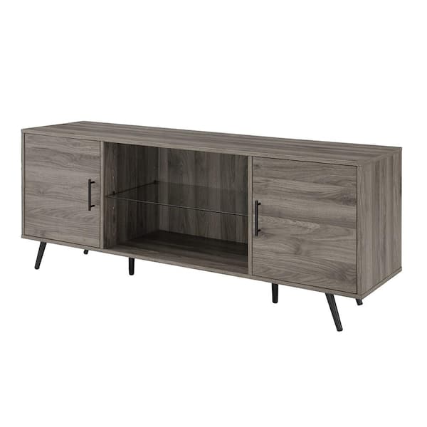 60 in. Mid-Century Modern Slate Gray Wood TV Stand with Glass Shelf (Max TV Size 68 in.)