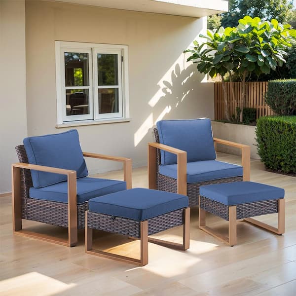 Gymojoy Allcot 4-Piece Outdoor Brown Wicker Patio Lounge Chair Outdoor Chairs Set of 2 with Ottomans with Blue Cushions