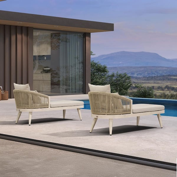 2 Pieces Classic Aluminum Outdoor Lounge Chaise with Cushion PE Rattan Armrest All Weather, Matte White