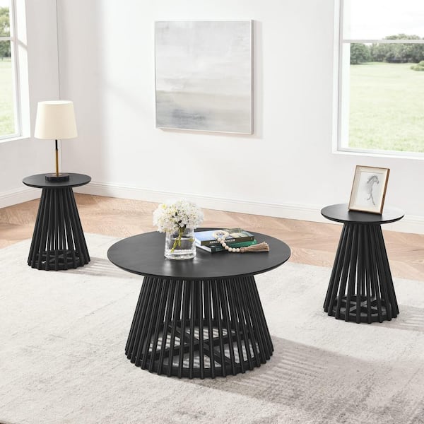 Zeus & Ruta 15.75 in. Diameter x 19.7 in. Solid Wood Round Coffee Table in  Black For Living Room HWB-748