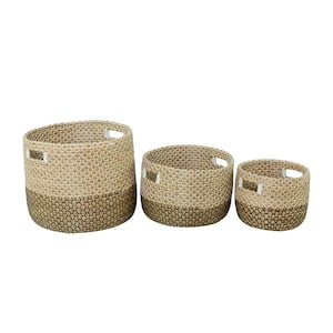 Seagrass Handmade Two Toned Storage Basket with Handles (Set of 3)