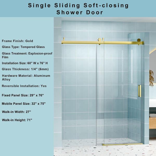 ANGELES HOME 60 in. W x 76 in. H Single Sliding Frameless Soft-closing Shower Door in Gold with 1/4 in. (6mm) Tempered Clear Glass