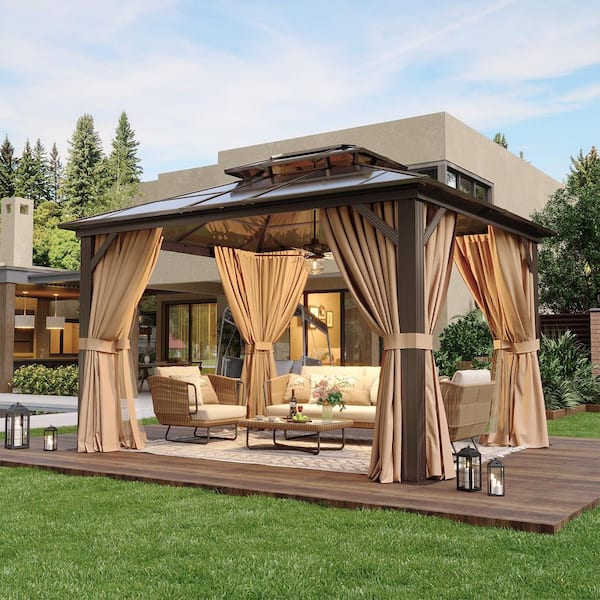 12 ft. W x 10 ft. D Polycarbonate Double Top Gazebo with Netting and Curtains