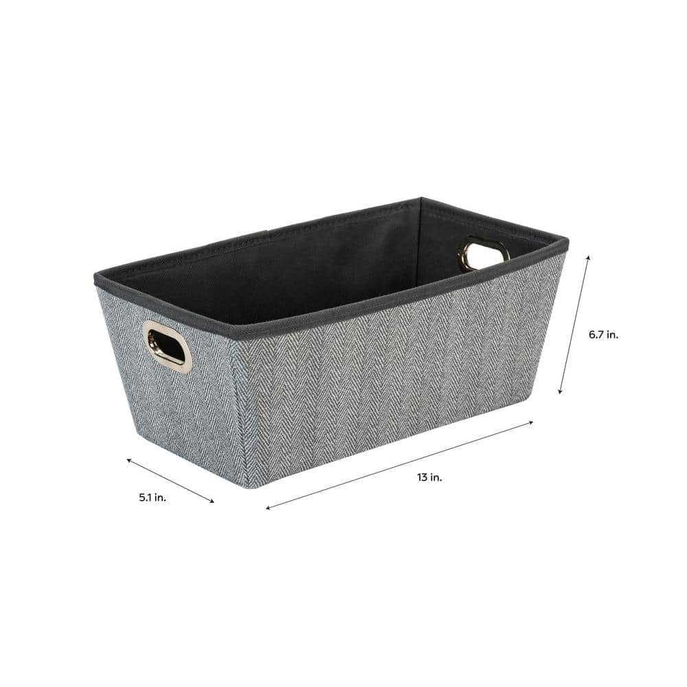 Small Gray Herringbone Fabric Storage Box with Grommet Handles