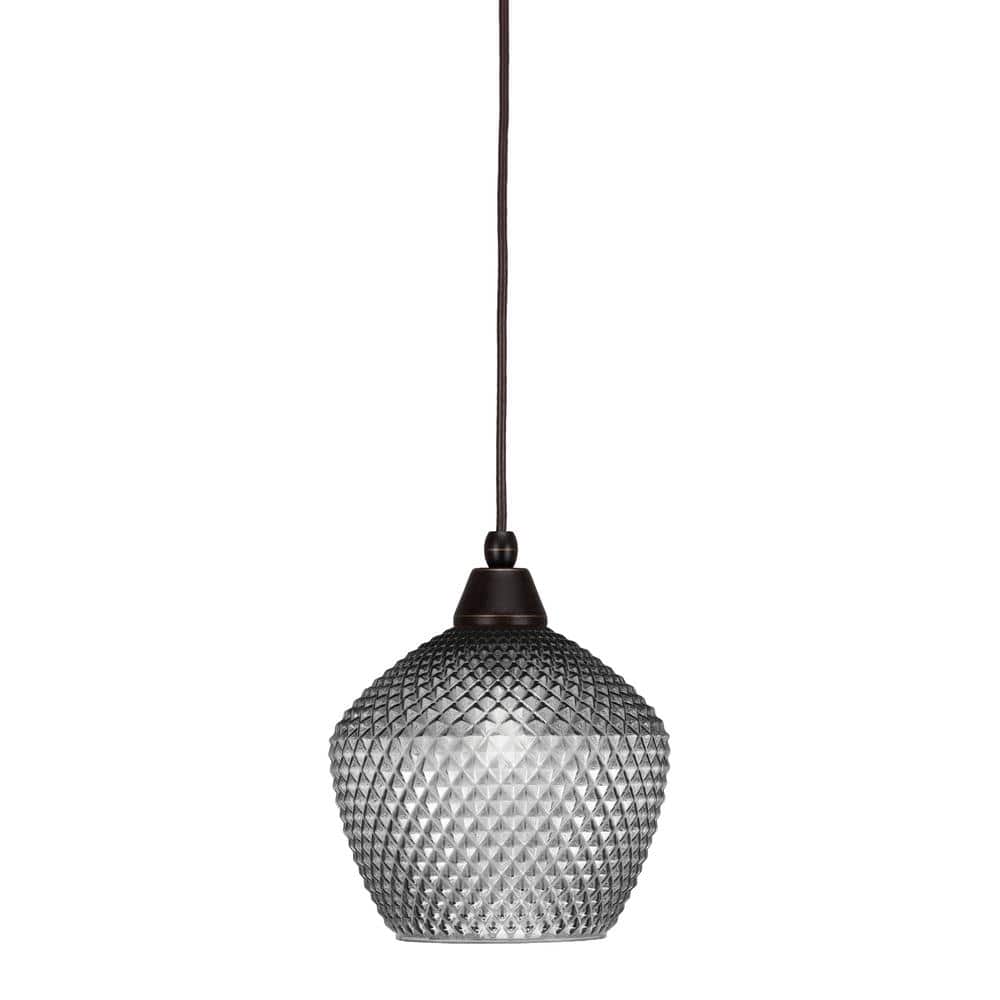 Bryson 9 in. 1-Light Dark Granite Cord Pendant Light with 9 in. Smoke Textu
