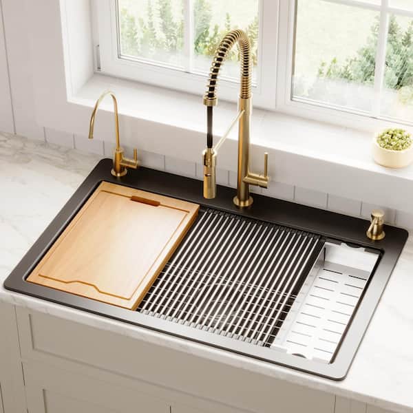 QTWS-875 Quartz 33 in. Single Bowl Drop-In Workstation Kitchen Sink in Black