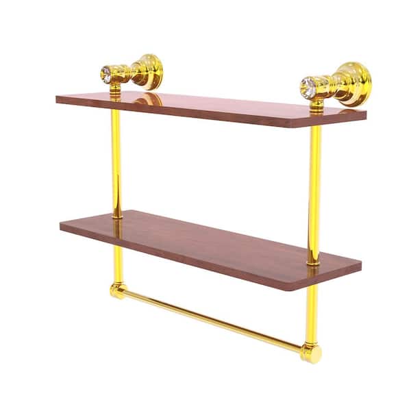 Carolina Crystal 16 in. W x 9.5 in. H x 5.54 D Wood Rectangular Shelf in Polished Brass with Towel Bar
