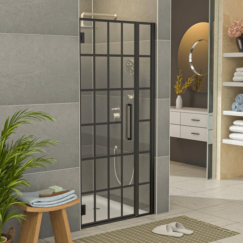 34" Matte Black Semi-Frameless Pivot Shower Door with Patterned Glass
