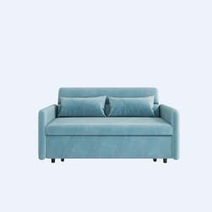 54 in. Light Blue Velvet Twin Size Sofa Bed with 2 Pillows