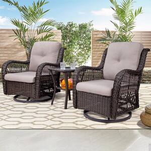 3-Piece Wicker Outdoor Swivel Rocking Chairs Set with Beige Cushions and Cover Wicker Patio Conversation Set (2-Chair)