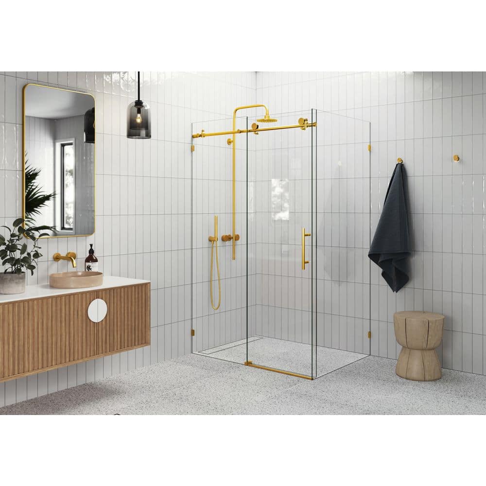 Satin Brass Frameless Sliding Glass Shower Enclosure, 78" x 52"