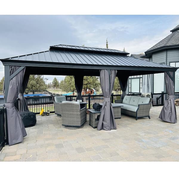 12 ft. x 26 ft. Gray Aluminum Power-Coated Frame Galvanized Steel Double Roof Hardtop Gazebo,Hooks, Netting,Gray Curtain