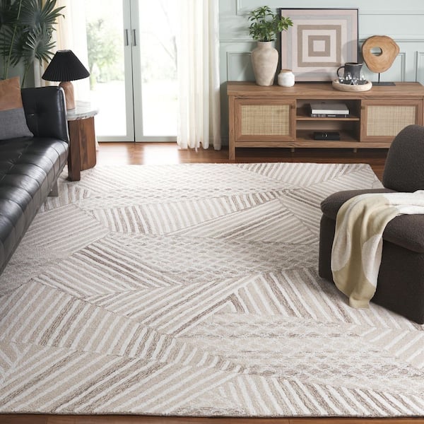 Abstract 8 ft. x 10 ft. Ivory/Light Brown Contemporary Textured Geometric Area Rug