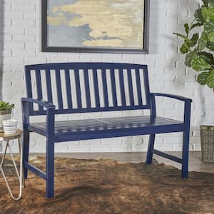 Farmhouse-Style 48 in. Acacia Wood Outdoor Bench with Back for Porch, Balcony, Deck, Patio, Backyard, Navy Blue