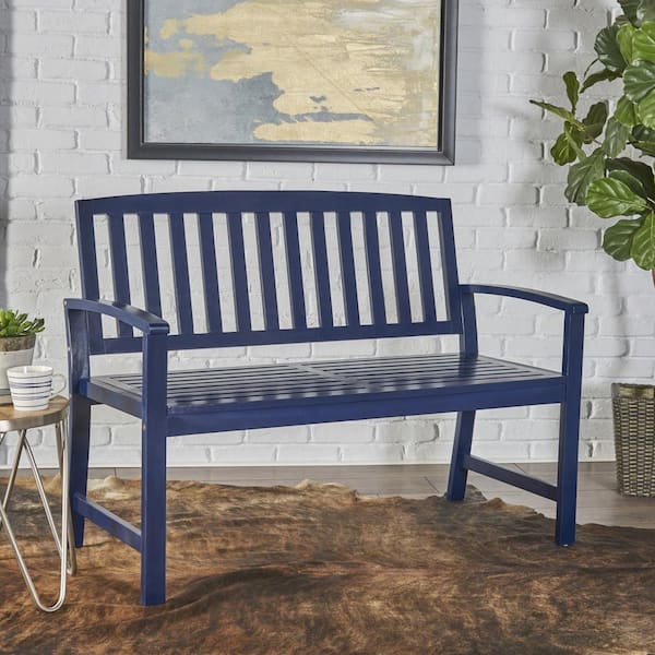 Unbranded Farmhouse-Style 48 in. Acacia Wood Outdoor Bench with Back for Porch, Balcony, Deck, Patio, Backyard, Navy Blue