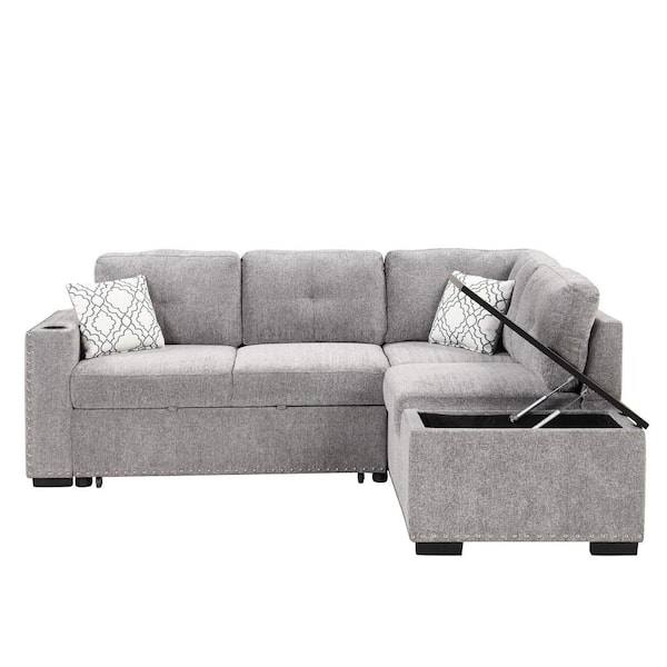 83.8 in. Square Arm Chenille L -Shaped Sofa with Storage Chaise in LIGHT GREY
