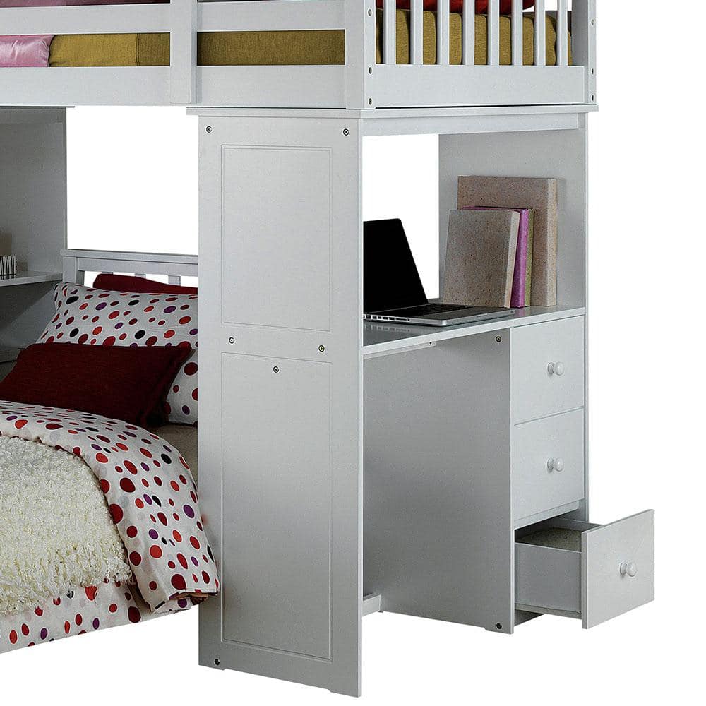 White Twin Loft Bed with Bookcase and Storage Drawers