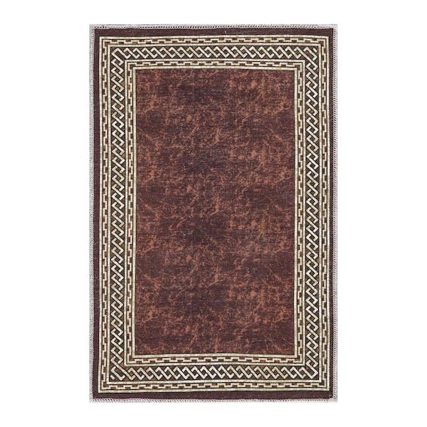 Ottomanson Non-Shedding Washable Wrinkle-Free Cotton Flatweave Border 2x3 Indoor Area Rug/Entryway Mat 2 ft. x 3 ft.,Brown/Gold